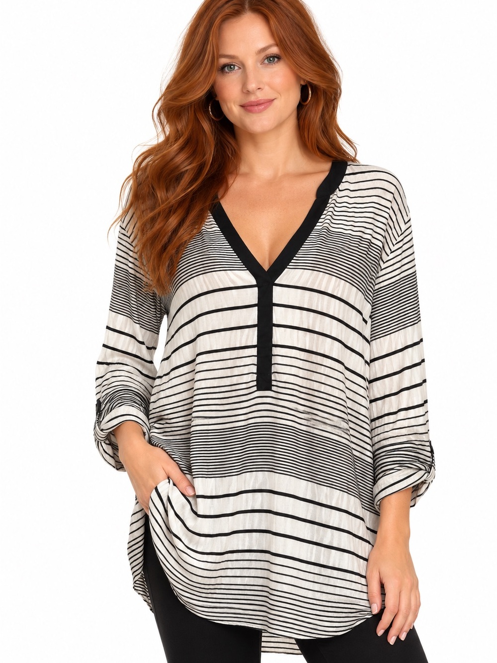 Sanctuary Black & White Striped V-Neck Tunic Large